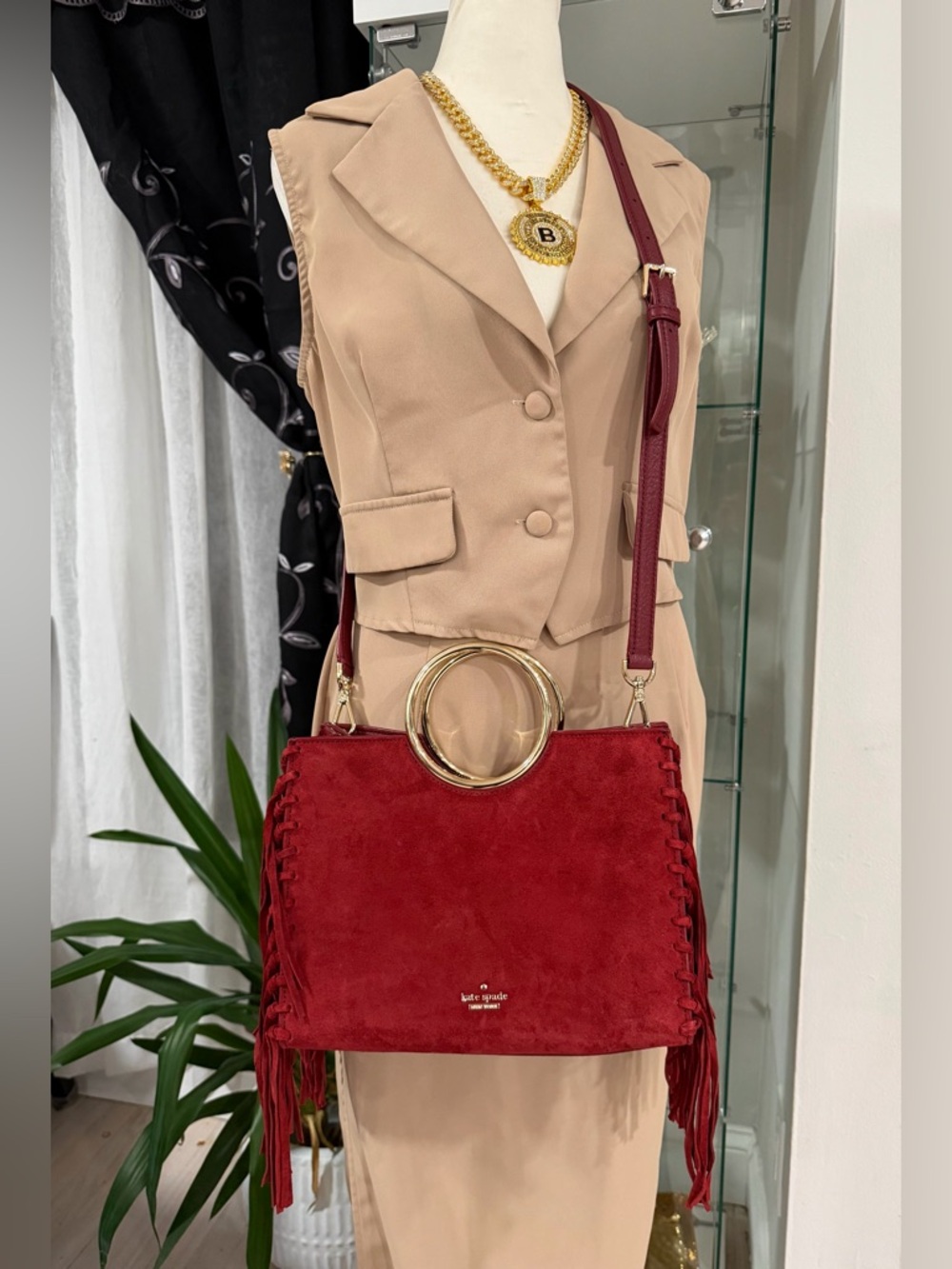 kate spade Burgundy Suede Fringe 2 way Bag with Gold Ring handle